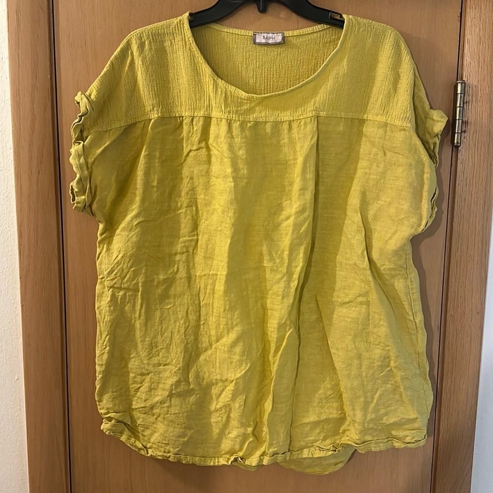 Saiph Women’s Linen Cuffed Short Sleeve Top Blouse Yellow Plus Size 1X